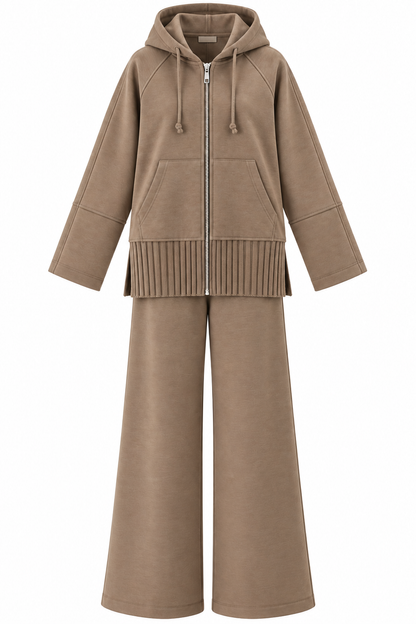 modal fabric hooded zipper jacket with knitted details - Mocha Taupe