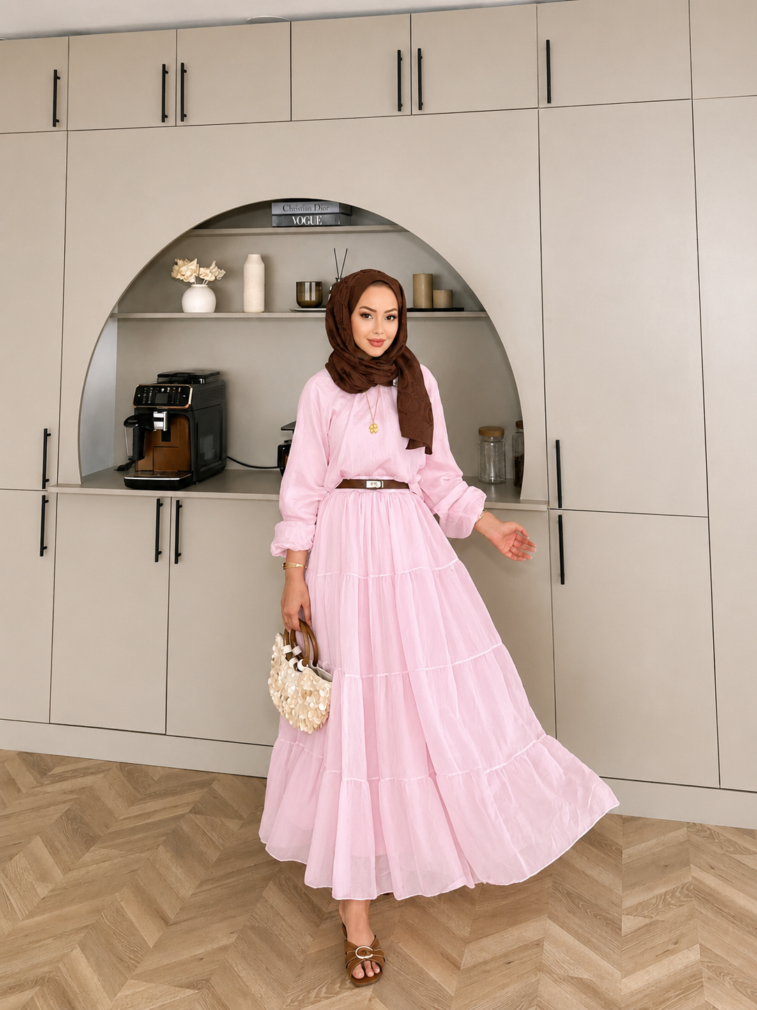 Balloon Sleeve Blouse paired with a maxi skirt - Pink
