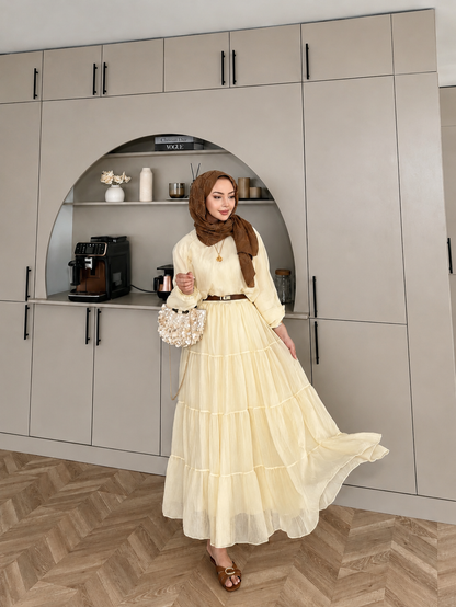 Balloon Sleeve Blouse paired with a maxi skirt - yellow