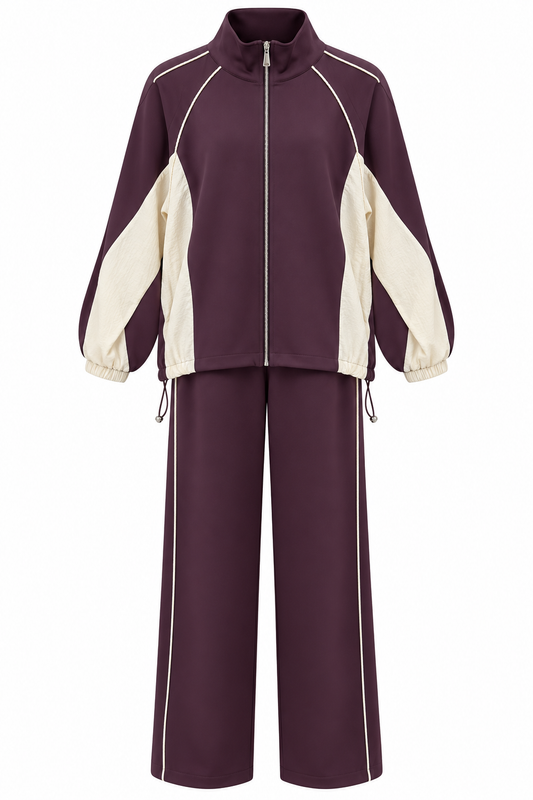 Oversized adjustable waist jacket with Parachute Details, waistband wide leg trouser tracksuit - deep plum