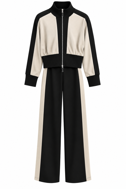 Double-Zip Stand-Up Collar Modal Suit - beige