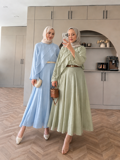Layered blouse with maxi skirt, fully lined set - green