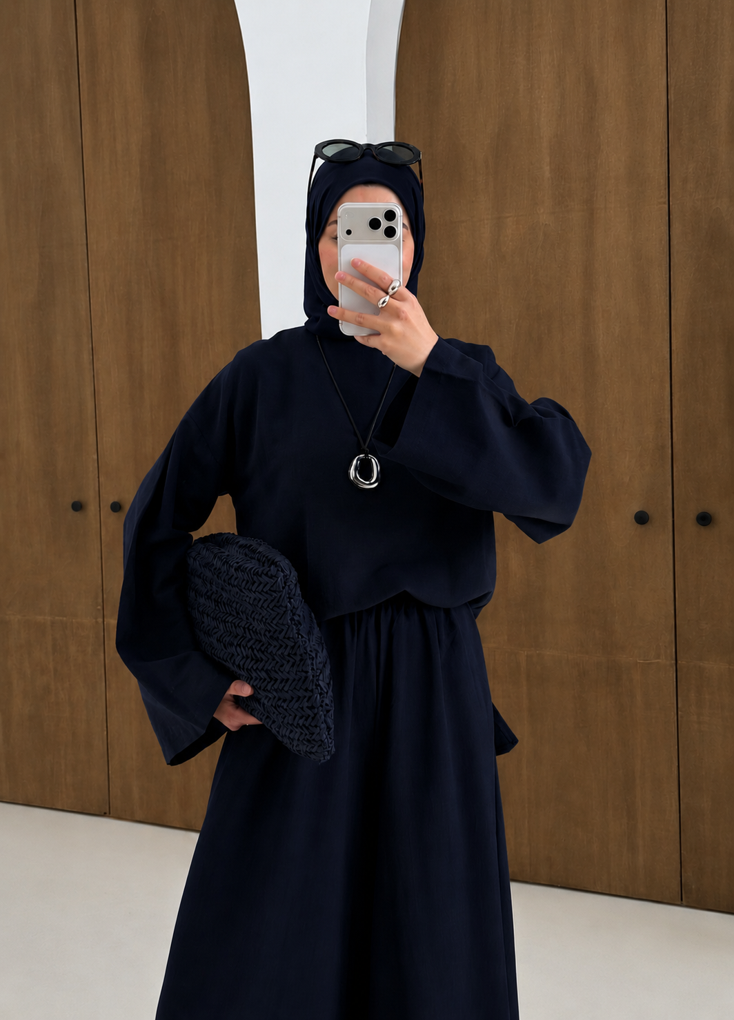 Linen Wide-Leg Blouse Set - navy blue