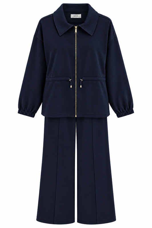 Collared Jacket with Drawstring Waist. Wide leg trouser modal fabric tracksuit - navy blue