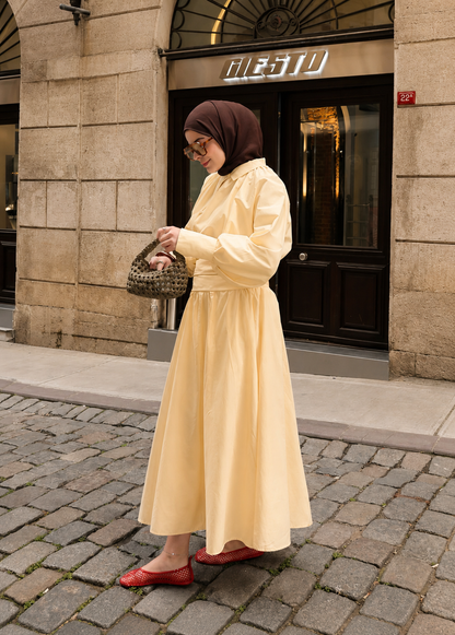Premium Two-Piece Set Featuring a Waist-Fitting Maxi Skirt and Adjustable-Cuff Sleeve shirt - butter yellow