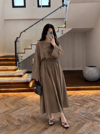 Asymmetric Collar with skirt set -  taupe brown