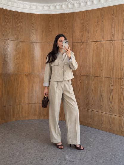ZR model linen jacket with striped sleeve lining,mom fit trouser co-ord set