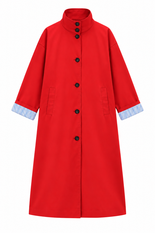 Striped lining Trench coat with folded Sleeve Detail - red
