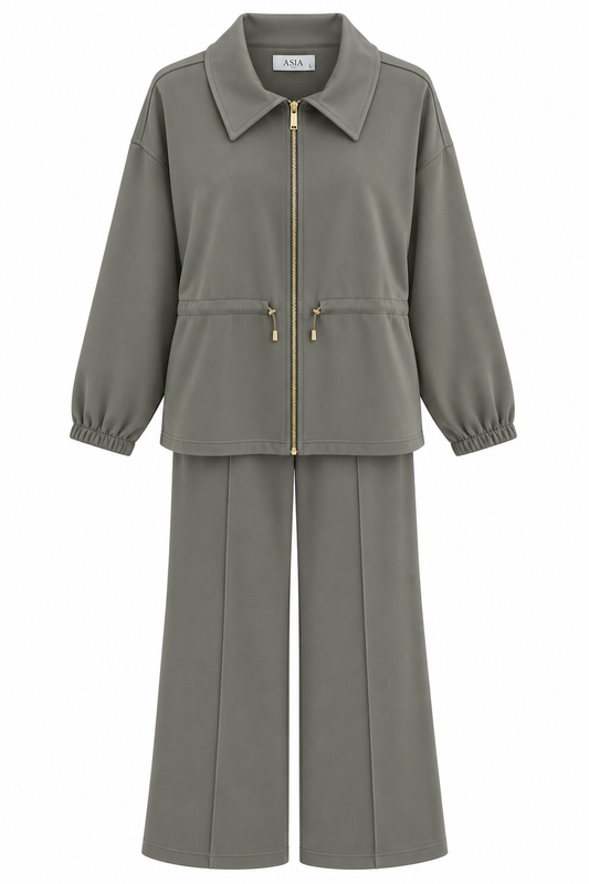 Collared Jacket with Drawstring Waist. Wide leg trouser modal fabric tracksuit - olive-taupe