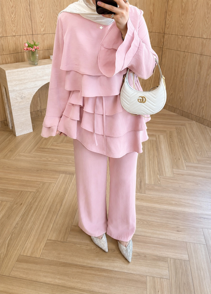 Layered blouse with ruffled sleeves co-ord set- pink