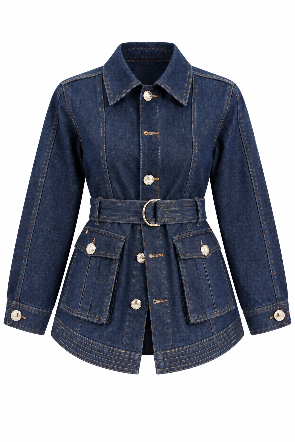 Gold buttons Belted jeans jacket