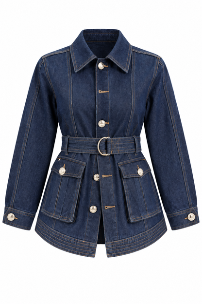 Gold buttons Belted jeans jacket