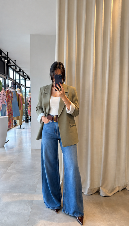 Oversized linen blazer with striped lining - olive green