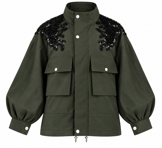 jacket with gathered sides and sequined shoulders - dark olive