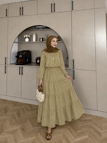 Balloon Sleeve Blouse paired with a maxi skirt - Muted Olive Sage