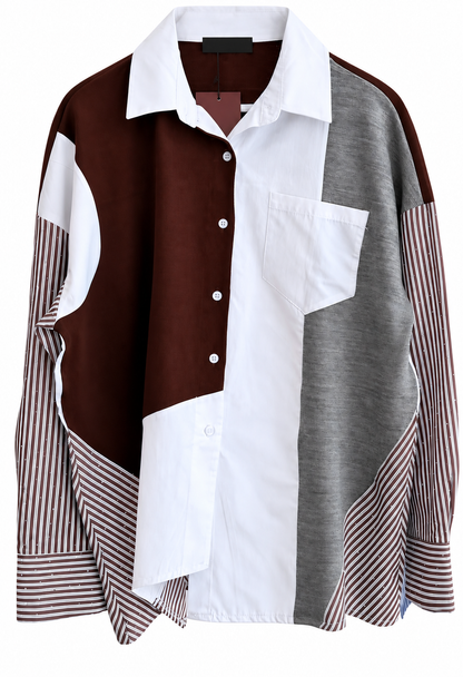 Women’s Color Block Button-Up Shirt – Oversized Patchwork Design with Striped Sleeves - brown