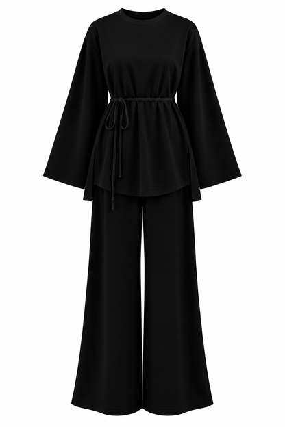 Oversize blouse with waistband wide leg trouser oysho fabric set - black