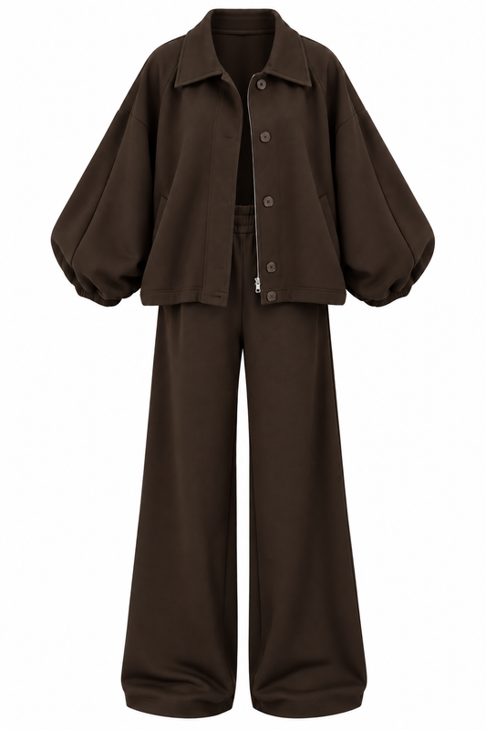 Oversized jacket with waistband straight leg trouser oysho fabric set - brown