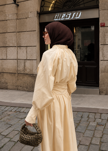 Premium Two-Piece Set Featuring a Waist-Fitting Maxi Skirt and Adjustable-Cuff Sleeve shirt - butter yellow