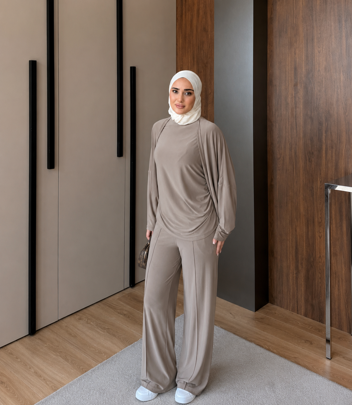 Three pieces stretch cotton fabric set - cappuccino