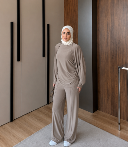 Three pieces stretch cotton fabric set - cappuccino