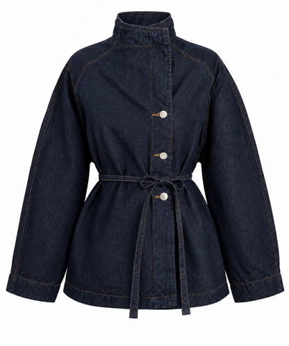 Slanted buttons Belted denim shirt