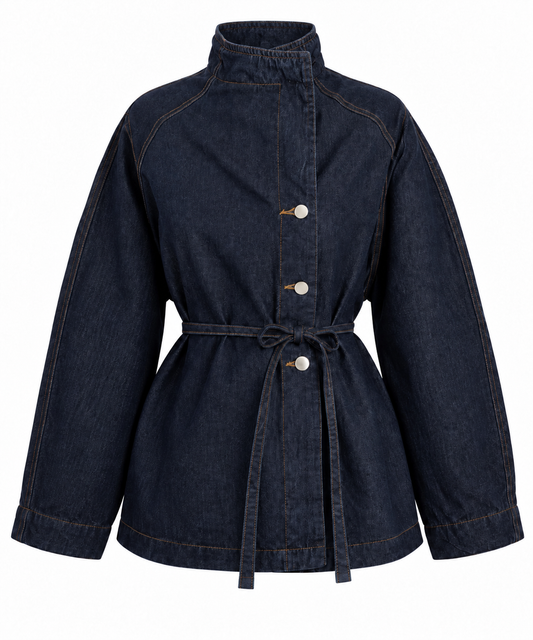 Slanted buttons Belted denim shirt