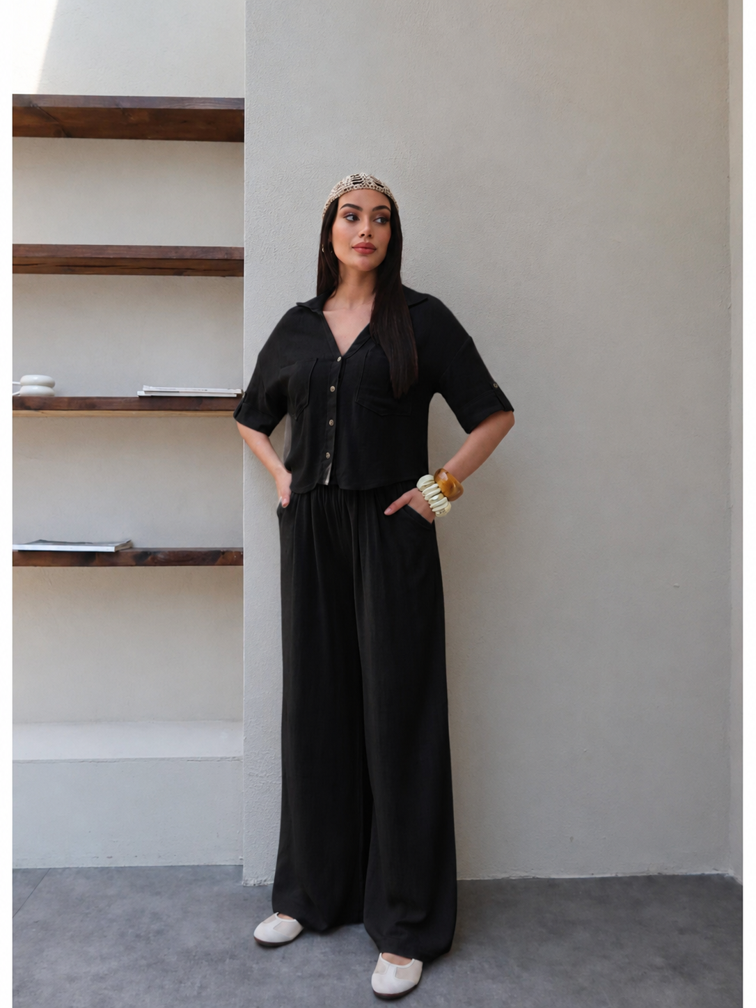 V-Neck Linen Two-Piece Set