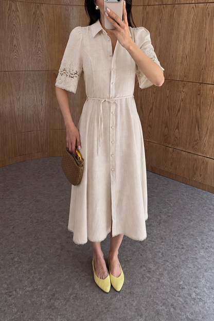 Beige Dress with Lace Detail on Sleeves