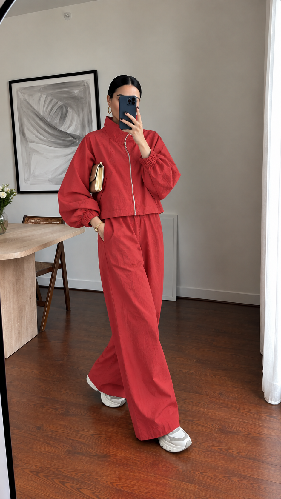 Parachute fabric wide sleeve tracksuit- red