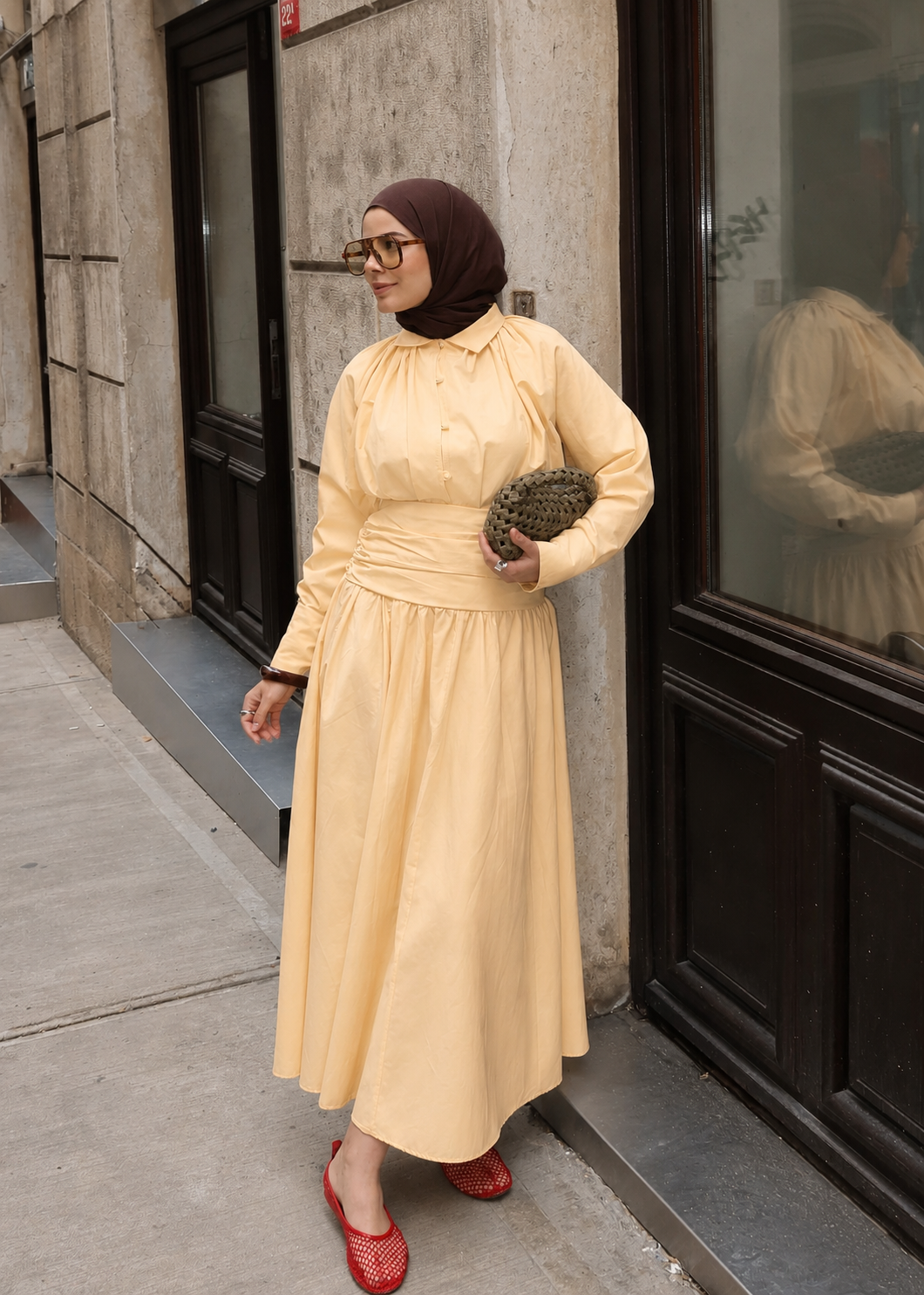 Premium Two-Piece Set Featuring a Waist-Fitting Maxi Skirt and Adjustable-Cuff Sleeve shirt - butter yellow