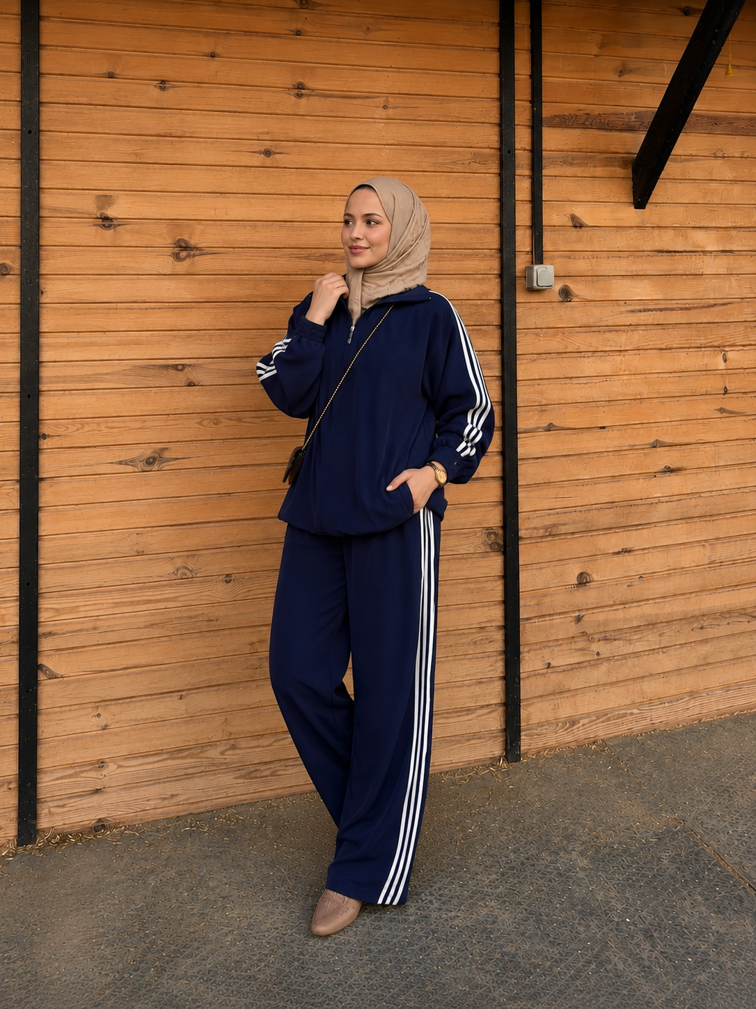 Zip-Up Tracksuit with White Side Stripes - navy blue