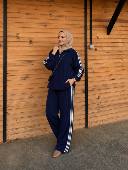 Zip-Up Tracksuit with White Side Stripes - navy blue