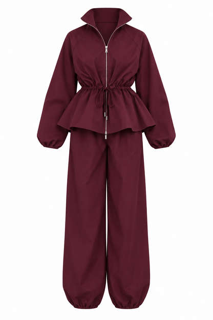 Waist drawstring jacket co-ord set - deep plum