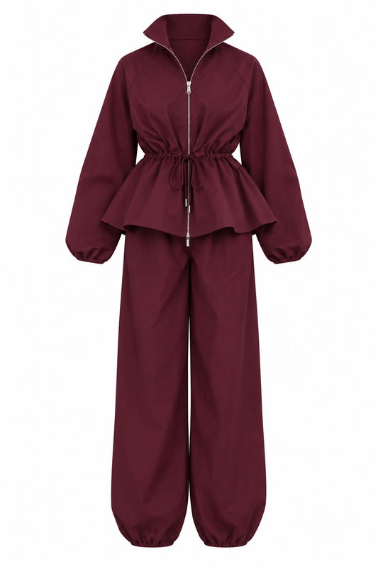 Waist drawstring jacket co-ord set - deep plum