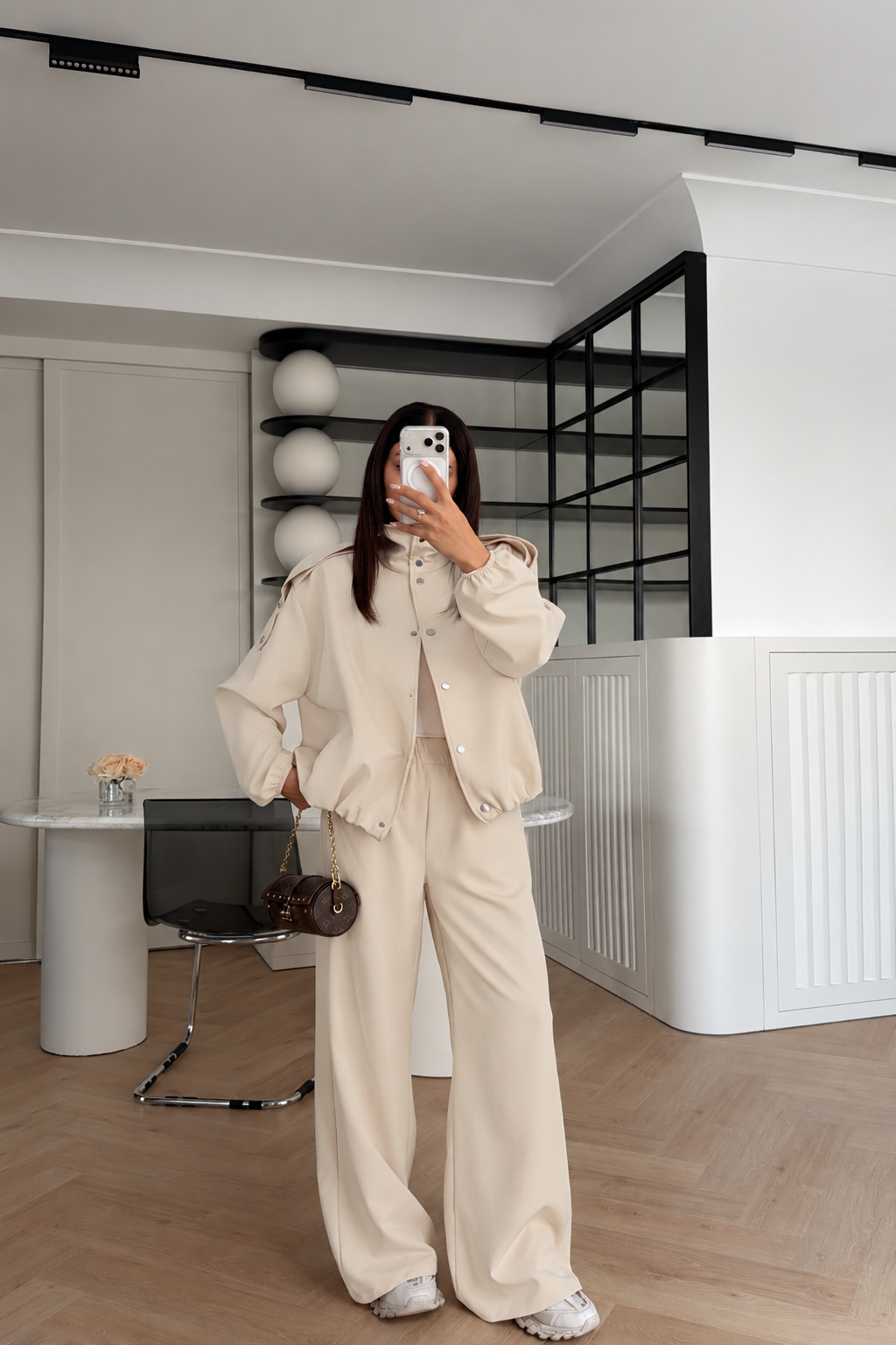 Bomber Suit with Epaulets and Stand-Up Collar - beige