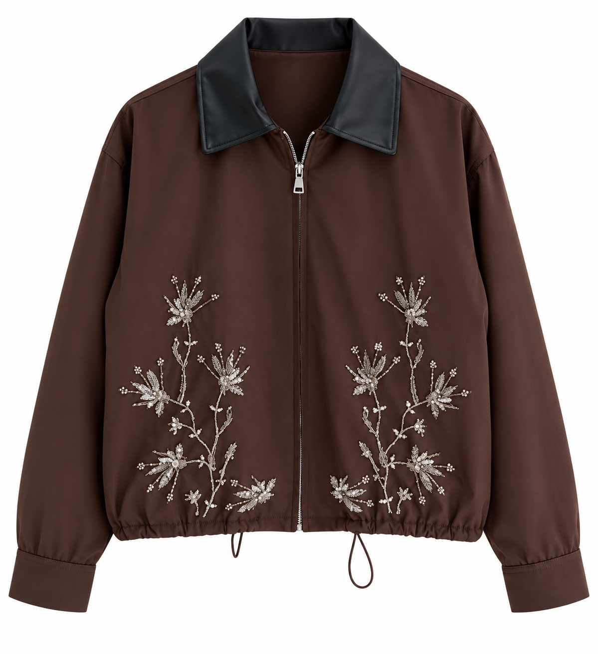 Embroidered Leather Collar Parka Jacket - brown