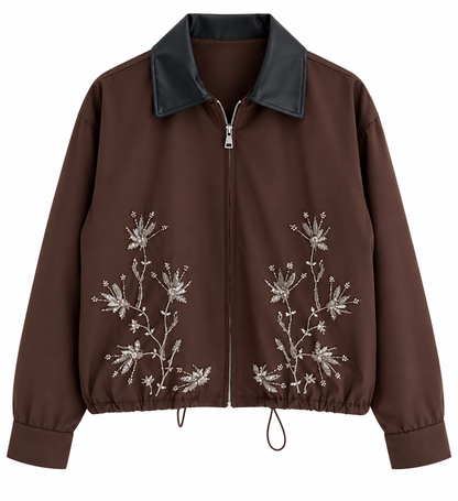 Embroidered Leather Collar Parka Jacket - brown
