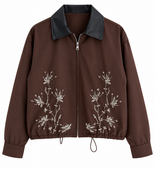 Embroidered Leather Collar Parka Jacket - brown