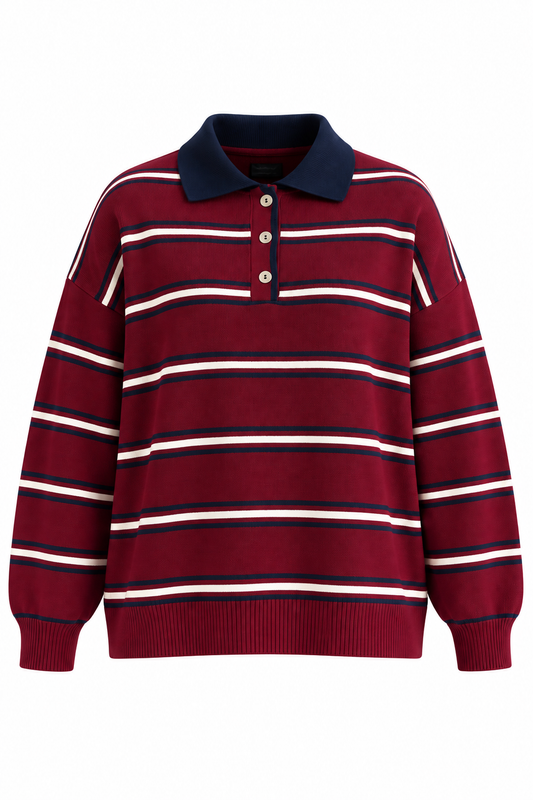 Striped knitted jumper with collar-red