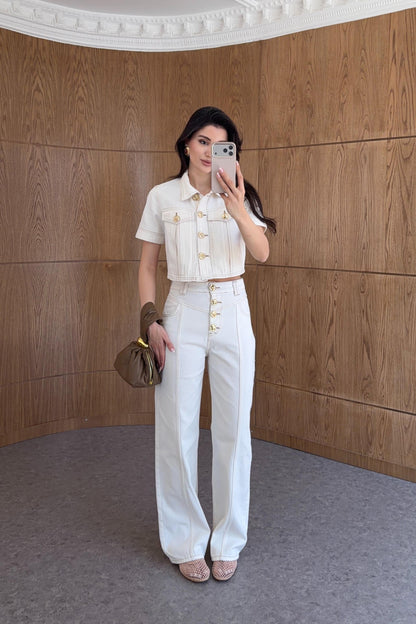 Gold Buttoned Off-White Denim Set