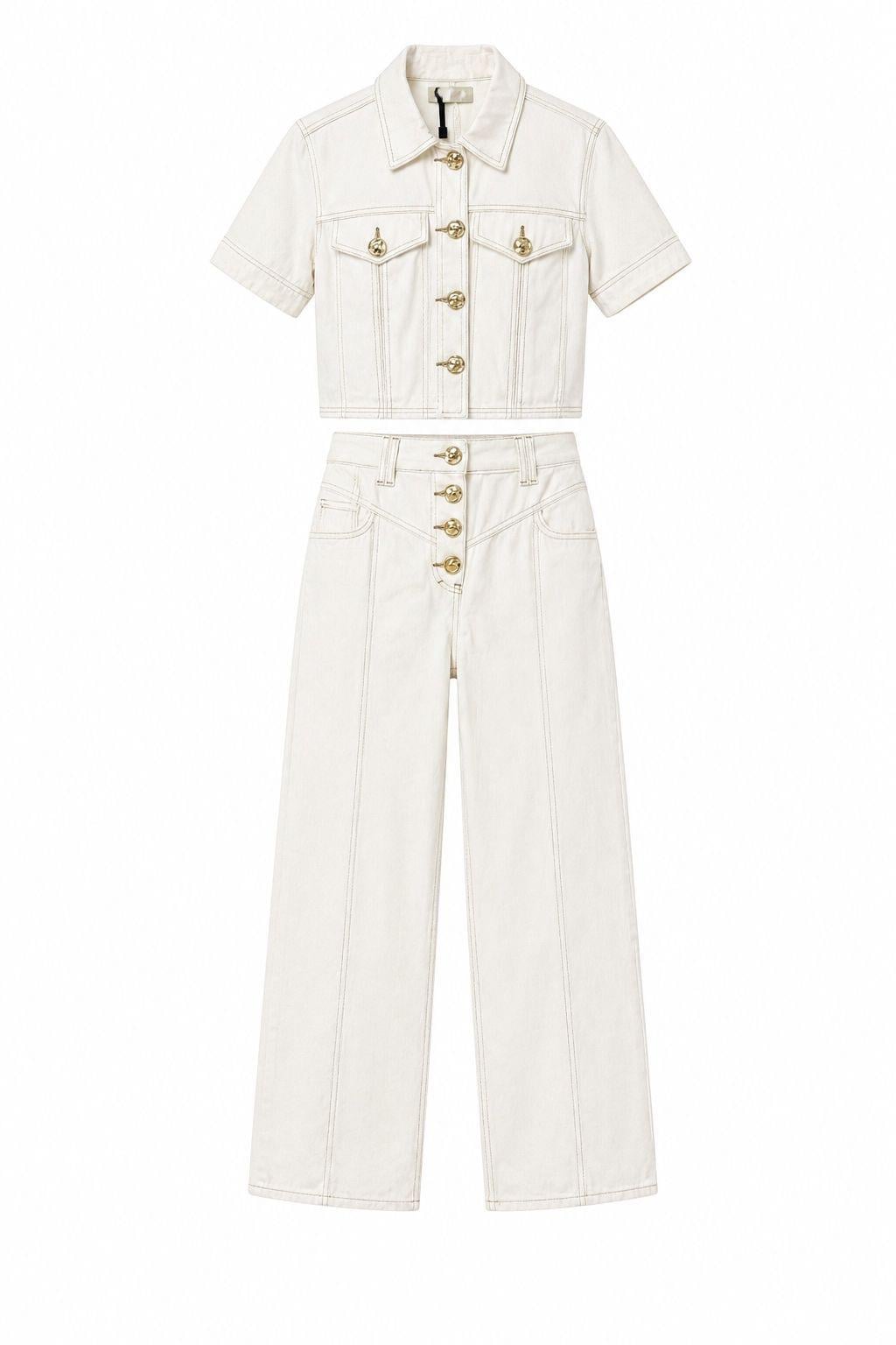 Gold Buttoned Off-White Denim Set
