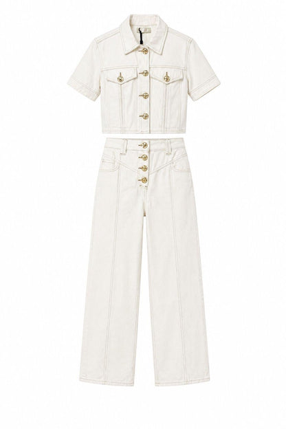 Gold Buttoned Off-White Denim Set