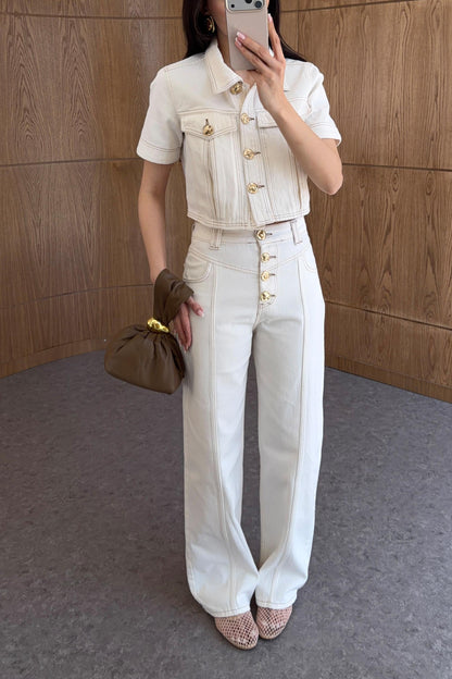 Gold Buttoned Off-White Denim Set
