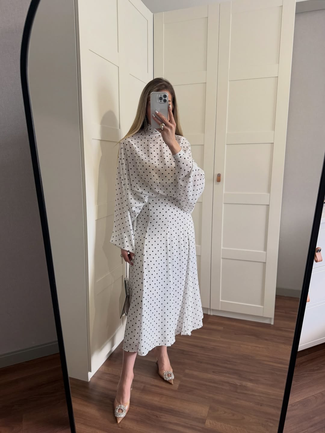 Polka Dots Bell Skirt Set - white with navy dots