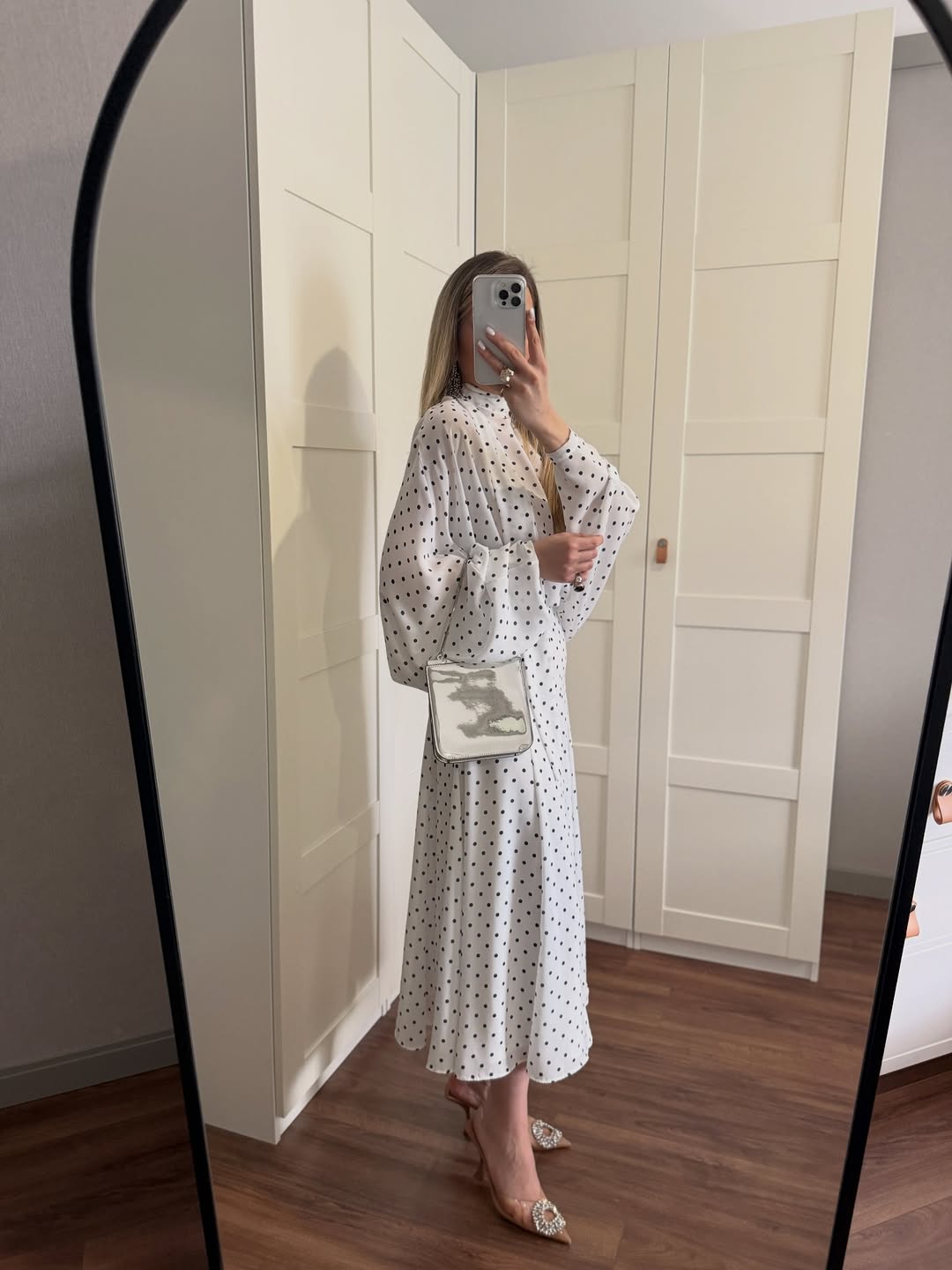 Polka Dots Bell Skirt Set - white with navy dots