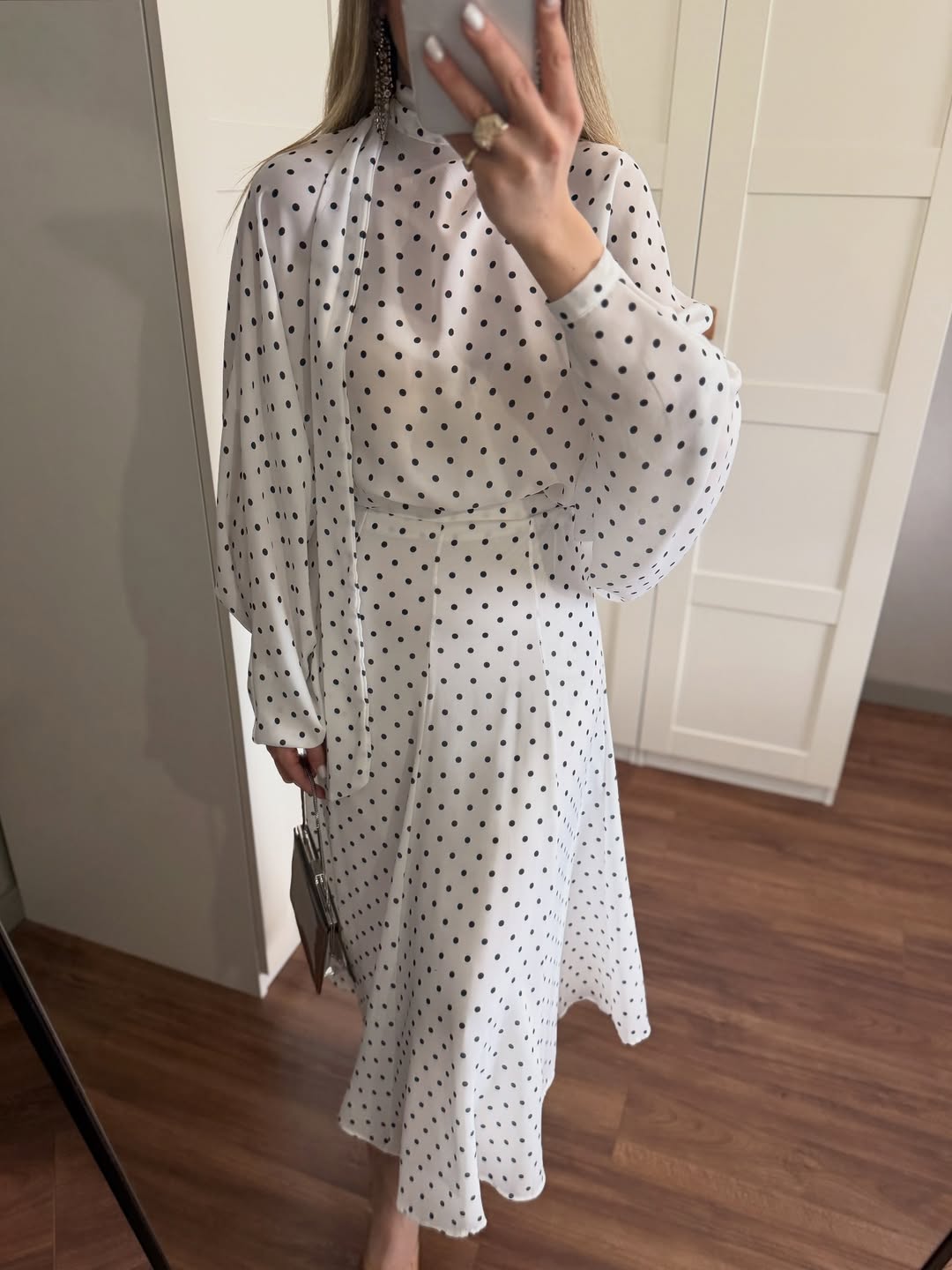Polka Dots Bell Skirt Set - white with navy dots