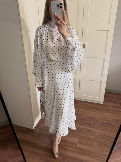 Polka Dots Bell Skirt Set - white with navy dots
