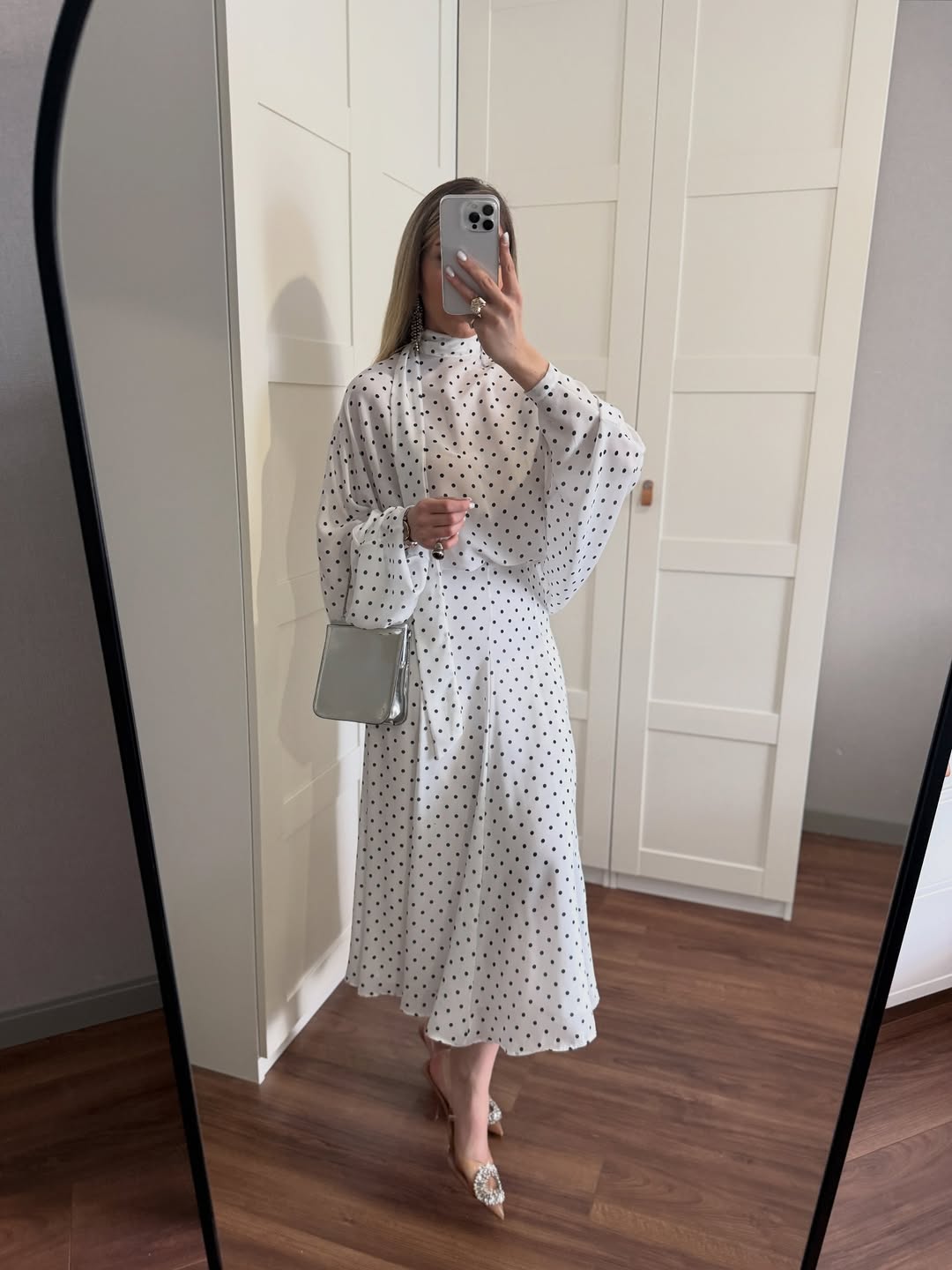 Polka Dots Bell Skirt Set - white with navy dots