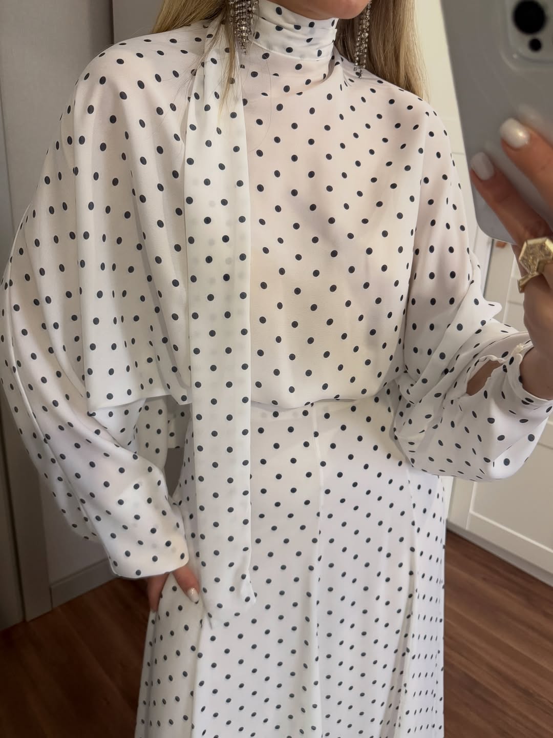 Polka Dots Bell Skirt Set - white with navy dots